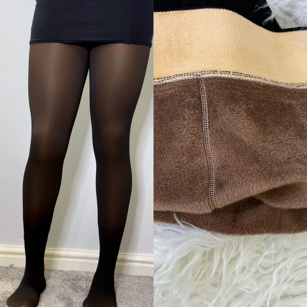 Women Winter Tights Pantyhose Leggings 300g Fleece Lined Brown Translucent